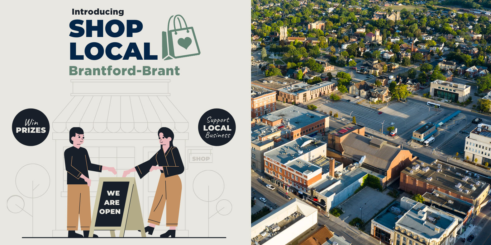 Shop Local Brantford Brant program graphic and aerial of downtown Brantford