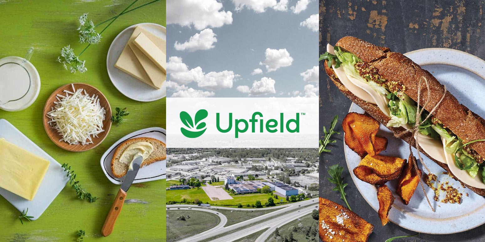 Mosaic: Upfield logo with products and aerial of Brantford location